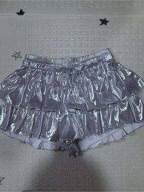 Metallic Silver Ruffle Skort with Elastic Waist